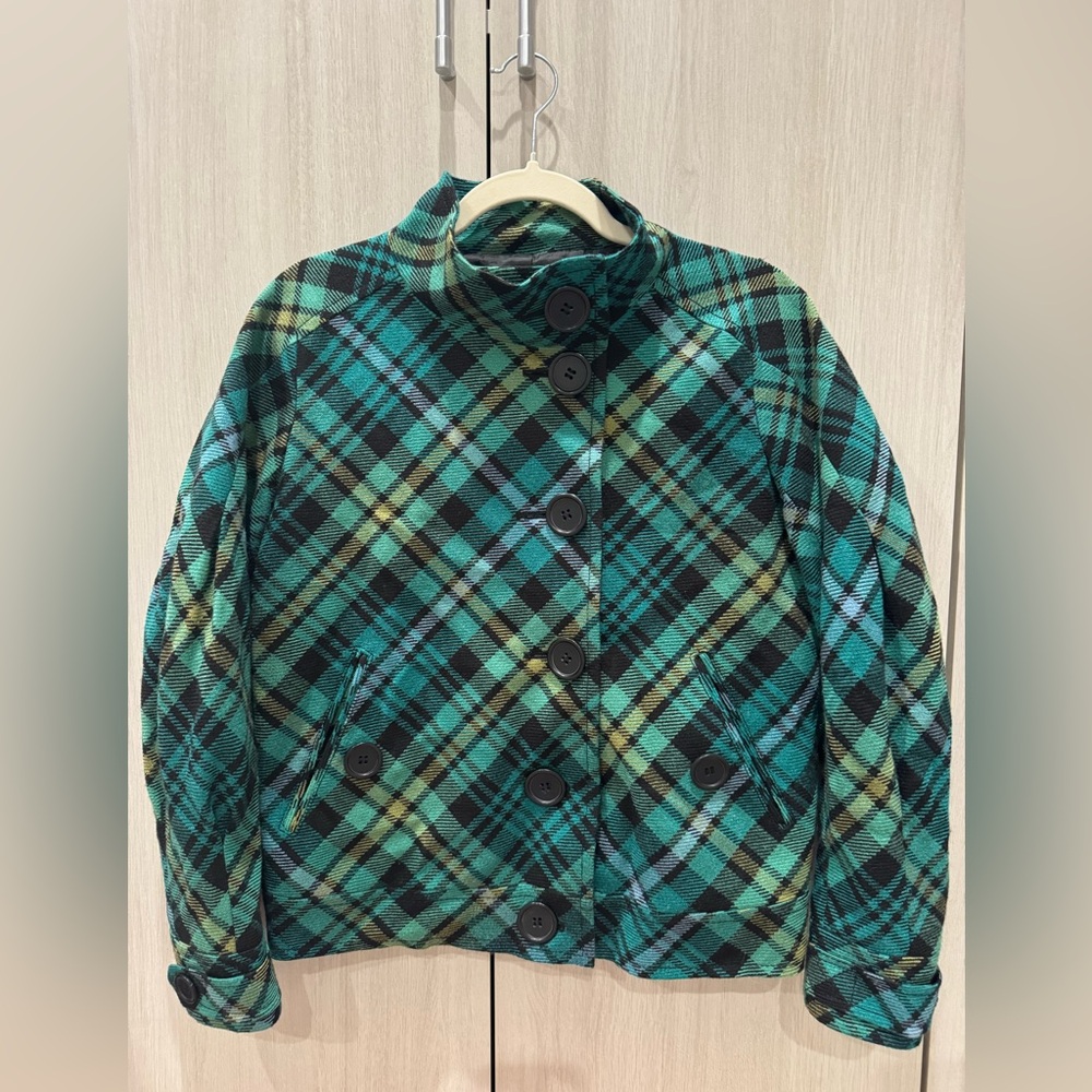 Jones New York Teal and Black Plaid Pea Coat Sz PS
